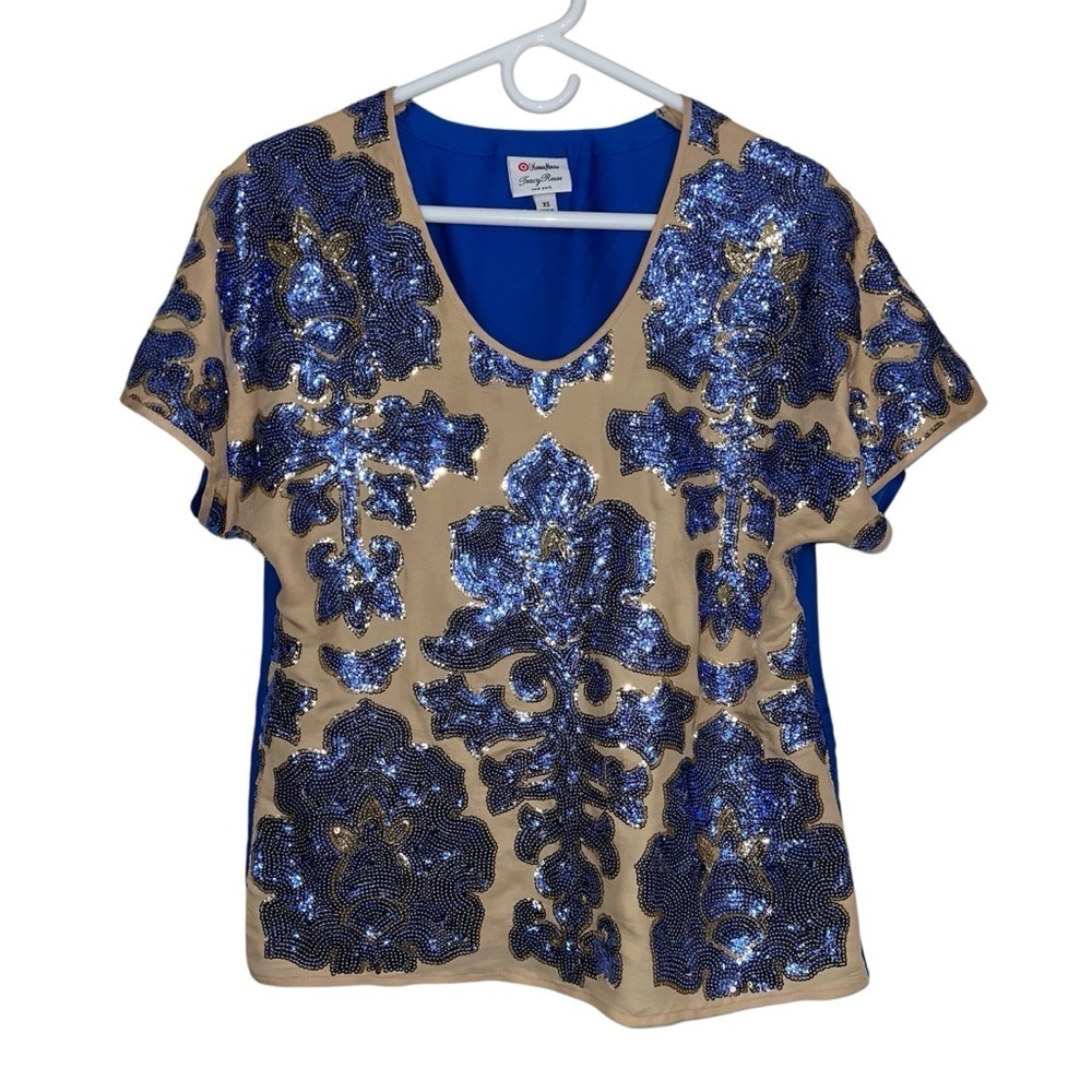 Newman Marcus Tracy Reese For Target Blue And Tan Sequin Top - Picture 2 of 7